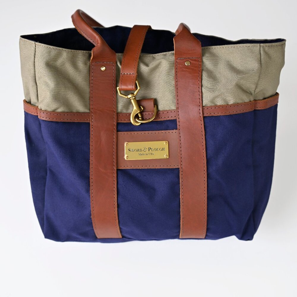 Sword & Plough Signature Tote Bag Blue and Tan w/Leather Made In USA-Like New - Picture 3 of 16